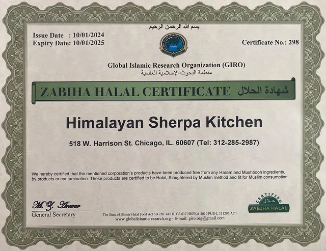 Halal Certificate — Himalayan Sherpa Kitchen 518 W Harrison St